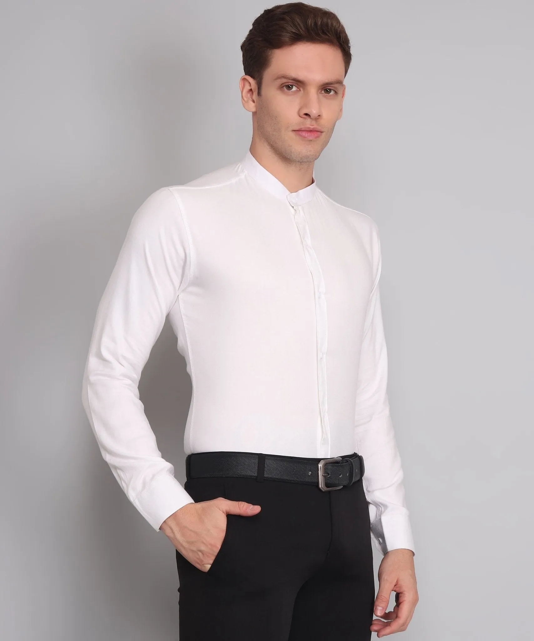 TryBuy Premium Luxurious Full Sleeves Mandarin Collar White Cotton Button-Up Shirt For Men