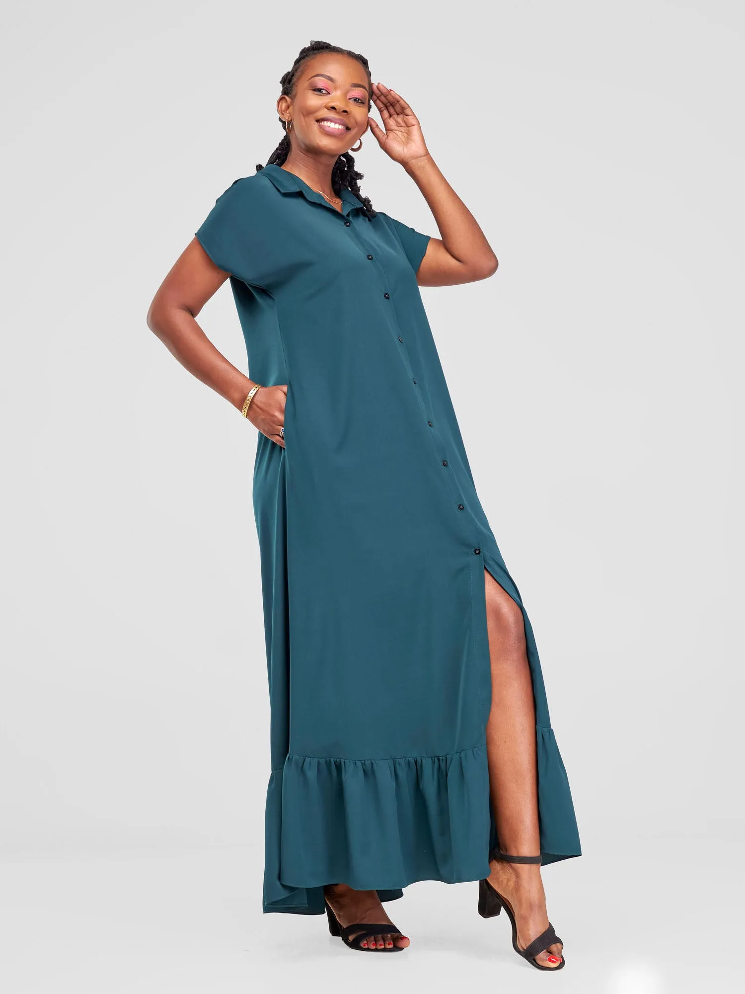 Vivo Asha Drop Shoulder Maxi Shirt Dress - Dark Green